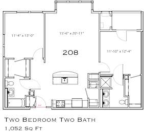 A floor plan for a 208 square foot two bedroom two bath home.