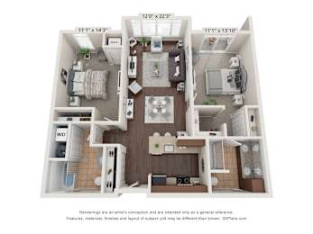 A 3D floor plan of a two-bedroom apartment with a living room, kitchen, and bathroom.