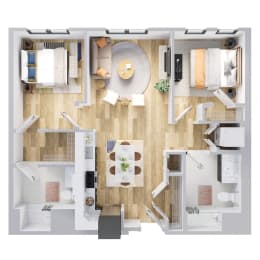 Duo two bedroom apartment floor plan with large closet, energy efficient appliances, and vinyl flooring.