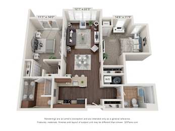 a 3d floor plan with a bedroom and a living room
