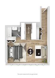 a floor plan of a studio apartment with a bedroom and a living room