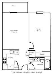A black and white image of a floor plan for a one bedroom one bathroom apartment.