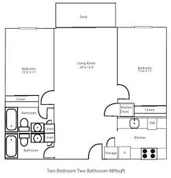 A floor plan of a two bedroom, two bathroom apartment.