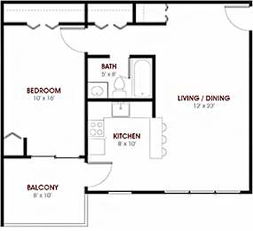 A floor plan of a small apartment with a bedroom, kitchen, living/dining area, and balcony.