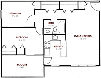 A floor plan of a home with a living room, dining room, kitchen, two bedrooms, and a balcony.