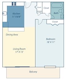 a floor plan of a living room and a dining area with a kitchen and a
