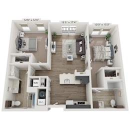 A floor plan of a two-bedroom apartment with a living room, kitchen, and bathroom.