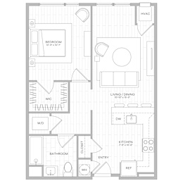 A floor plan of a home with a bedroom, bathroom, kitchen, living room, and a hallway.