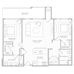 A black and white floor plan of a two-bedroom apartment.