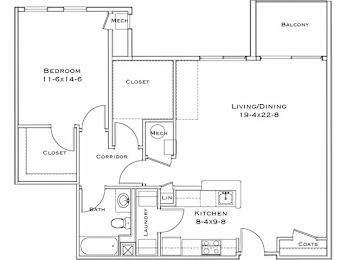 A floor plan of a home with a bedroom, living/dining area, kitchen, and bathroom.
