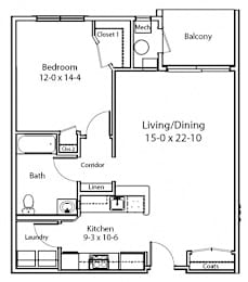 A floor plan of a small apartment with a bedroom, living/dining area, kitchen, bath, and closets.