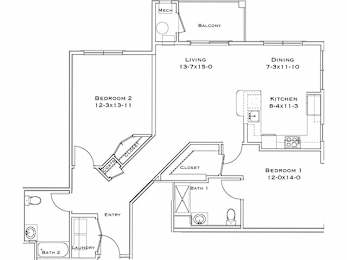 A floor plan of a home with a living room, dining room, kitchen, two bedrooms, two bathrooms, and a balcony.