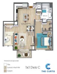 One bedroom one bathroom with den floor plan