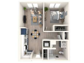 A 3D floor plan of a small apartment with a kitchen, living room, and bathroom.