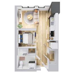 A modern kitchen with a wooden floor and white appliances.