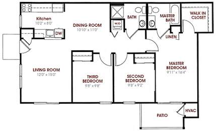 A floor plan of a house with a living room, dining room, kitchen, and three bedrooms.