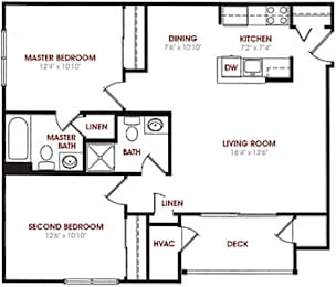 A floor plan of a house with a master bedroom, a second bedroom, a living room, a kitchen, a dining room, a deck, and a laundry area.