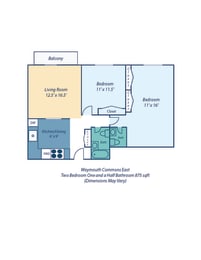 a floor plan of two bedroom one and a half bathroom apt