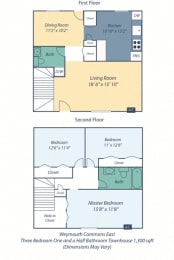 Three bedroom one and a half bathroom floor plan image townhouse