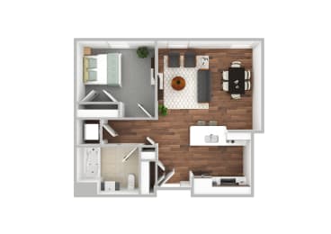 One Bedroom One Bathroom Staged Floor Plan  at 13 State Street Apartments, New York, 12305