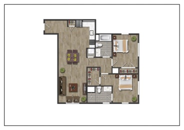 2C Two Bedroom Two Bathroom Floor Plan at North Square Apartments at The Mill District, Amherst, 01002