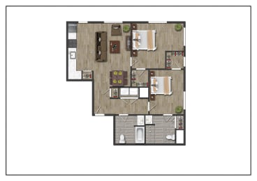 Two Bedroom Two Bathroom Floorplan Layout of North Square At The Mill District, Amherst, MA.