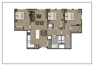 Three Bedroom Two Bathroom Floorplan Layout of North Square At The Mill District, Amherst, MA.