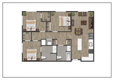 Three Bedroom Two Bathroom Floorplan Layout of North Square At The Mill District, Amherst, MA.