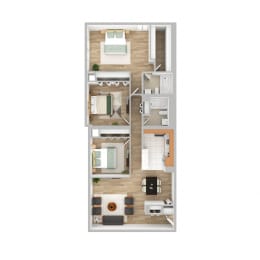Three bedroom two bath floor plan at Highland Plaza Apartments, Pittsburgh, PA, 15206