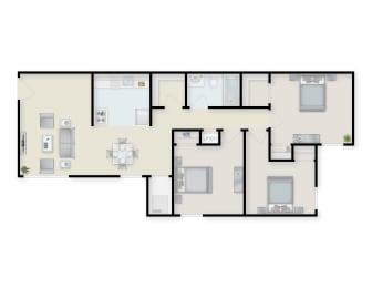 Three Bedroom One Bath Floor Plan at The Belt Atlantic Apartments, Richmond, 23224