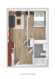 A floor plan of a small apartment with a kitchen, living room, and bathroom.