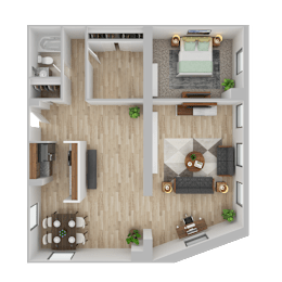 One Bedroom One Bathroom Staged Floor Plan at Brewery Square Apartments, New Haven