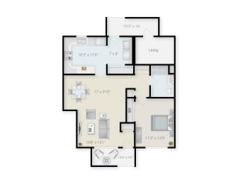 One Bedroom One Bathroom Staged Floor Plan at Creekwood Apartments, New York, 13601