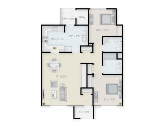 Two Bedroom  Two Bathroom Floor Plan at Creekwood Apartments, Watertown