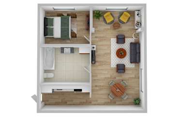 One Bedroom One Bathroom Staged Floor Plan.