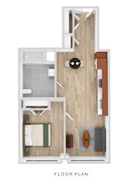 A floor plan of a room with a bed, a desk, a chair, and a toilet.