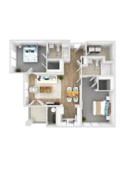 Two bedroom 2 bath A apartment floor plan layout at Woodlands at Abington Station Apartments, Abington, MA 2351