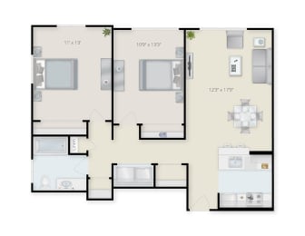 Two Bedroom  One Bathroom Floor Plan. at Ninth Square Apartments, New Haven, CT