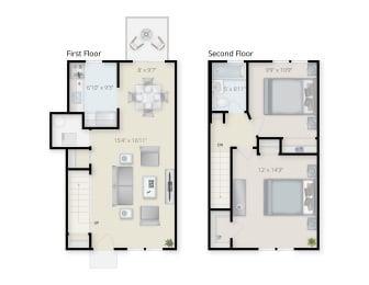Two Bedroom 1 Bath Townhouse Floor Plan at Georgetowne Homes Apartments, Massachusetts