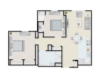 Two Bedroom One Bath Floor Plan at Highpoint Towers Apartments, Erie, Pennsylvania