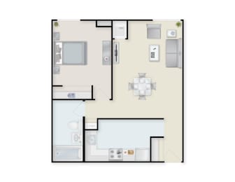 One Bedroom Staged Floor Plan. at Huntingdon Village Apartments, Hunker, 15639