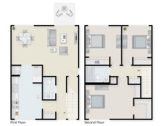 Three Bedroom Two Bathroom Townhome 2D Floor Plan. at Huntingdon Village Apartments, Hunker, PA