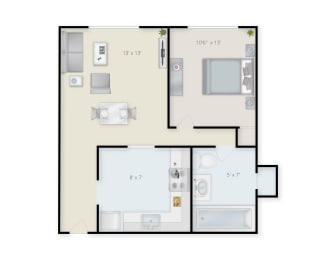 One Bedroom One Bathroom Floor Plan.at Montani Towers, Wheeling