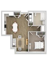 A top-down view of a small apartment with a kitchen, living room, and bedroom.