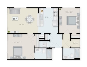 Two Bedroom Two Bath Floor Plan. at Niagara Square, Buffalo, NY, 14201