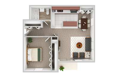 One Bedroom One Bathroom Staged Floor Plan.at The Oak at Island Creek Village, Duxbury