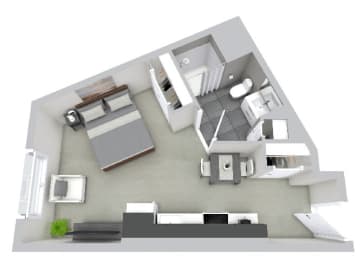 Studio 1 bath floor plan at Beverly Village for Living & the Arts Apartments, Beverly, 01915