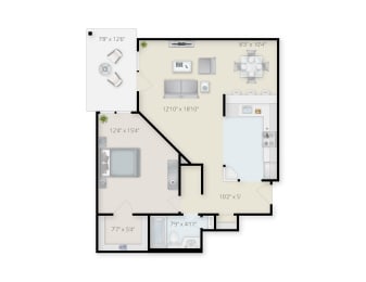 One Bed One Bath Apartment Floor Plan. at Pondside at Littleton, Massachusetts, 01460