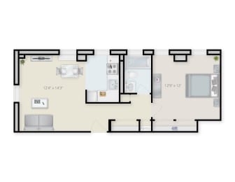 One Bedroom Staged Floor Plan.at Richford Arms Apartments, Pennsylvania