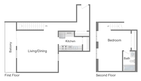 A floor plan of a two-story home with a living/dining area, kitchen, bathroom, and bedroom.